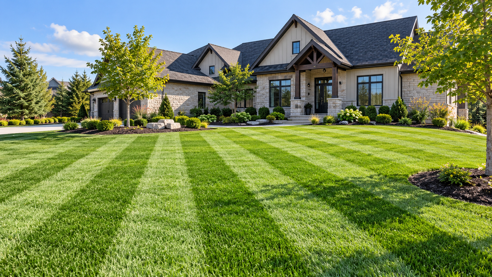Freshly maintained green lawn with crisp mowing stripes